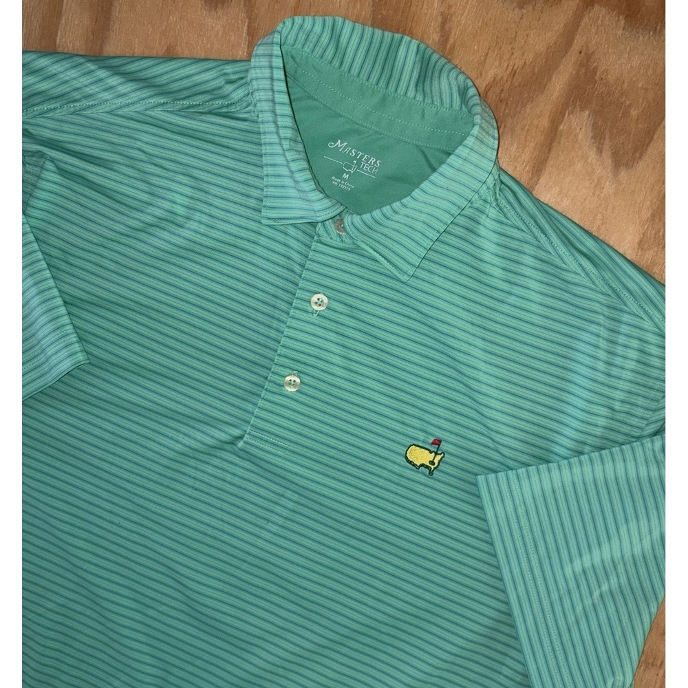 Masters Tech Golf Polo Shirt Men's Medium Green Striped Performance Augusta